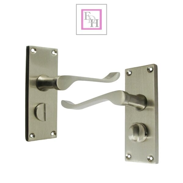 EDH Door Hardware Victorian Scroll Satin Nickel Bathroom Door Handles Set with Privacy Lock 2 Pair