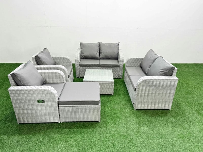 Fimous 7 Seater Outdoor Reclining Chair Love Sofa Set Rattan Garden Furniture Set with Square Coffee Table Footstool Light Grey