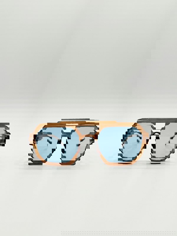 SVNX Angular Navigator style sunglasses in Brown with blue Lenses