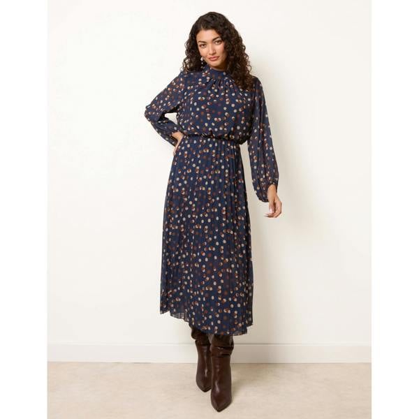 Blue Vanilla Shadow Polka Dot High Neck Pleated Dress