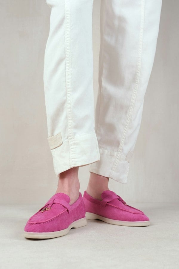 Where's That From Pegasus Slip on Trim Loafers With Accessory Detailing in Fuchsia Suede