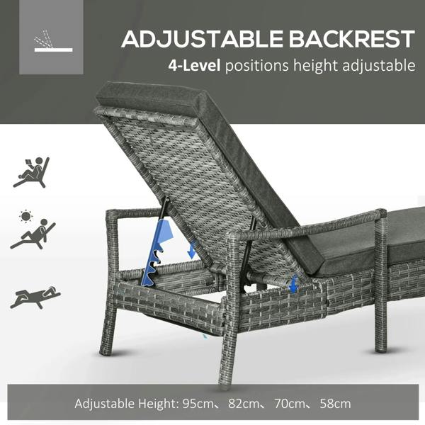 Grey patio rattan lounger featuring an adjustable backrest with padded headrest