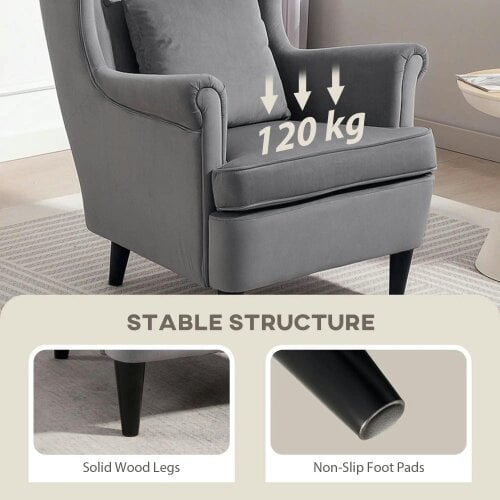 Bobobiy Modern Accent Chair, Velvet-Feel Fabric Reading Chair with Solid Wood Legs, Dark Grey
