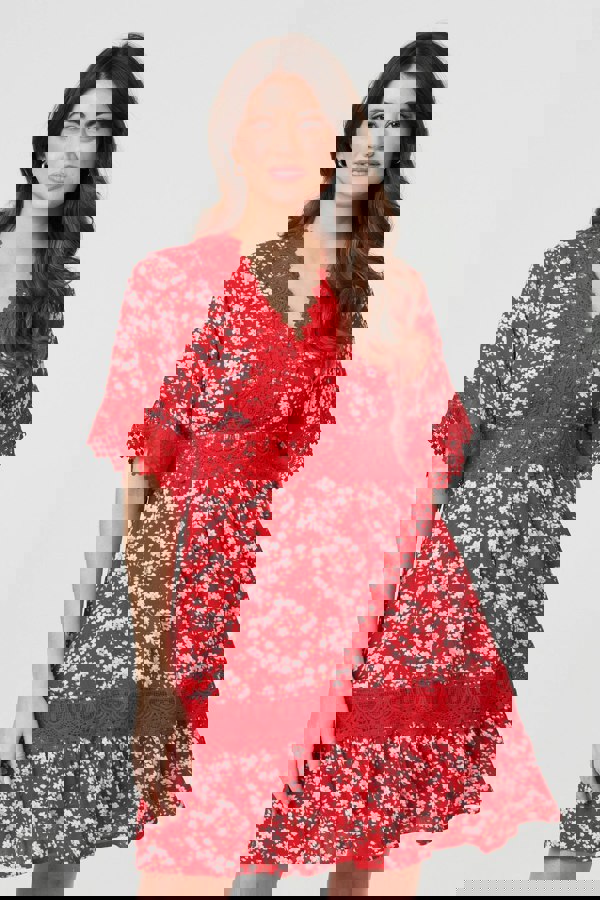 Red | Floral Lace Trim 1/2 Sleeve Mini Dress
