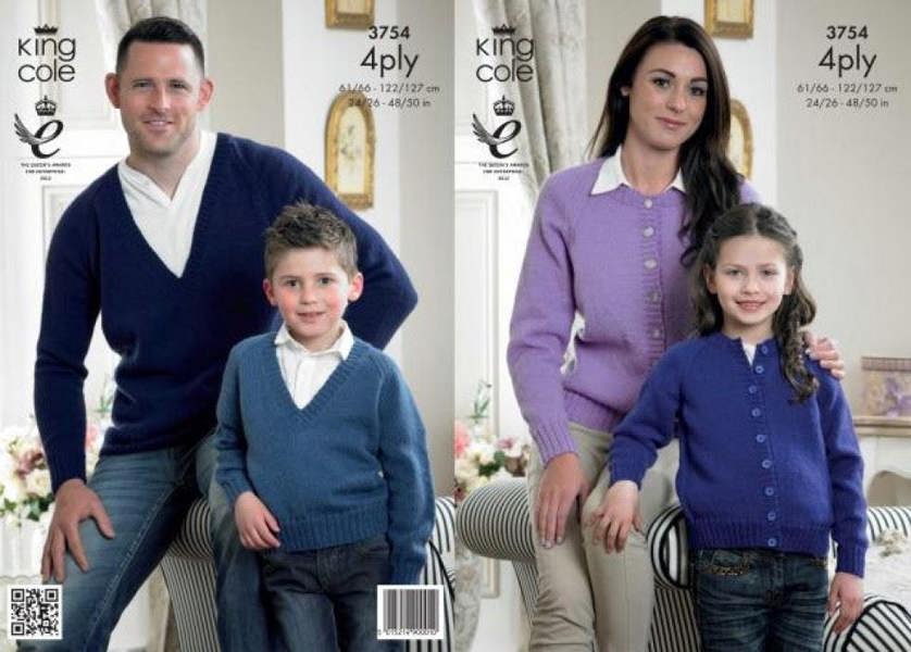 King Cole Merino Knitting Pattern 3754, Cardigans, Sweaters for Kids, Men, Women, 24 -50 Inches - Easy
