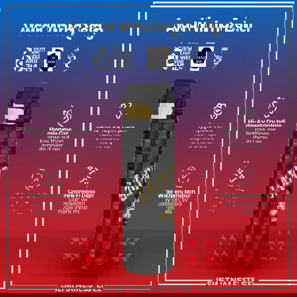 A slim stainless steel water bottle, displaying the New Orleans Saints logo, sits on a red background; it features a hide-away handle, a hygiene cover, and a wide opening mouth. Award logos are displayed above.