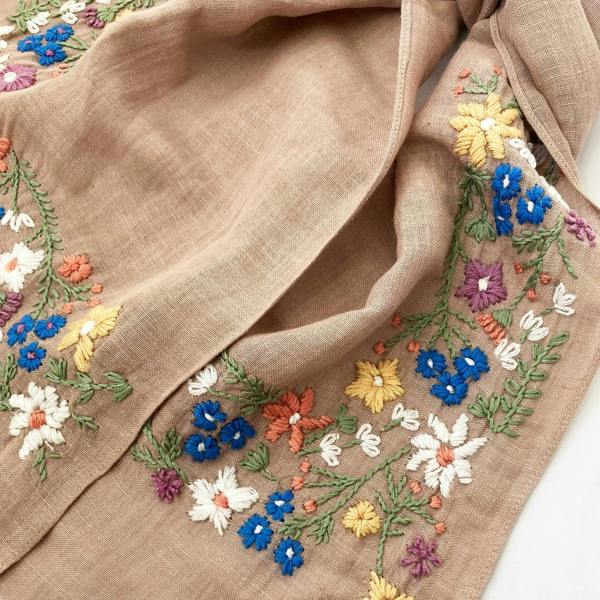 Hayley & Co Hand Embroidered 100% Linen Scarf in Soft Brown Floral