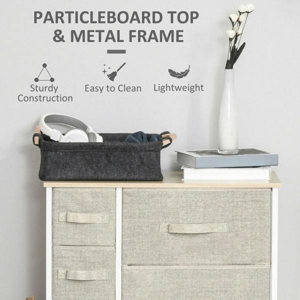 Light grey fabric drawer chest with particleboard top and metal frame