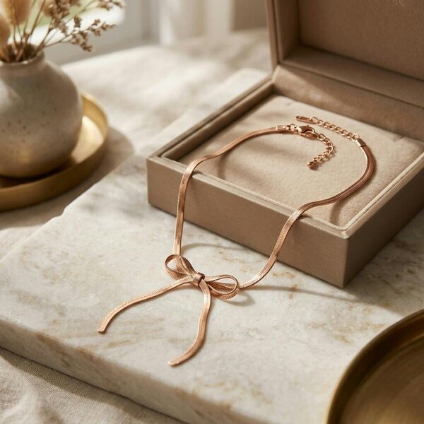 The Colourful Aura Rose Gold Plated Herringbone Chain Bow Necklace