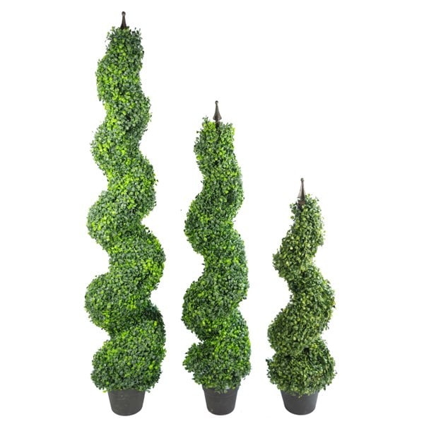 Leaf Pair of 120cm (4ft) Tall Artificial Boxwood Tower Trees Topiary Spiral Metal Top