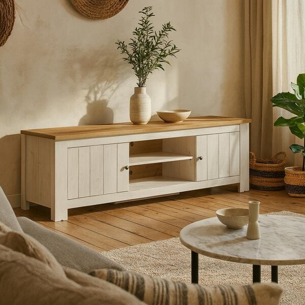 Wyld Haus Tipsyfern 189cm White and Natural Oak Wood 2 Door Wide TV Unit
