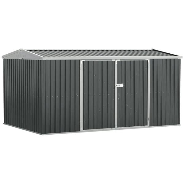 Grey metal outdoor garden storage shed with double sliding door and lockable handle