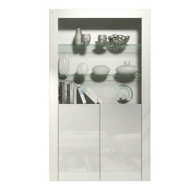 Mex Furniture Tall Display Cabinet 170cm White Matt Body and White Gloss Doors – Modern Open Shelving Unit