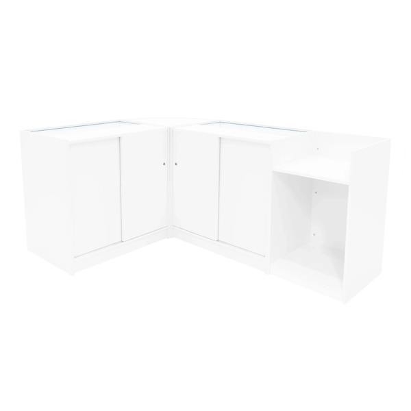 White Gravity LED Shop Counter Set featuring sleek design, smooth surfaces, and ample storage with cabinets and open shelving