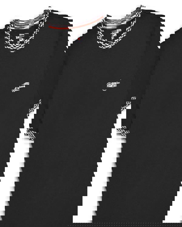 Lambretta Mens Classic Two Tone Ringer Retro Casual T-Shirt, black T-shirt featuring checkered pattern on collar and sleeves with Lambretta logo on chest.