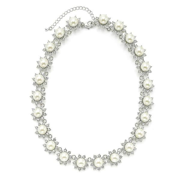 Pia Faux Pearl Necklace, Silver-Tone Crystal Halo Statement