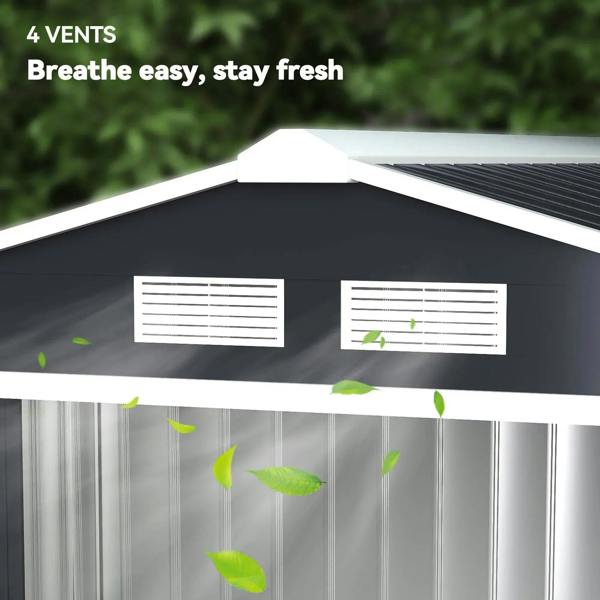 Top view of shed roof with ventilation vents and air flow through the intake panels.