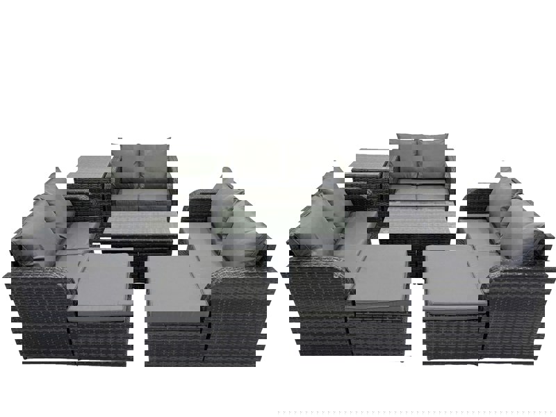 Fimous 3 Seater Sofa Reclining Chair Coffee Table Set Rattan Garden Outdoor Furniture Set with Side Table 2 Big Footstools Dark Grey Mixed