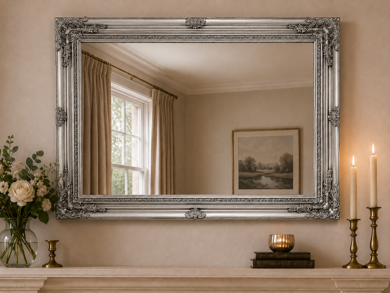 Downton Interiors Large Antique Silver Wood Frame Wall Mirror 90cm x 65cm