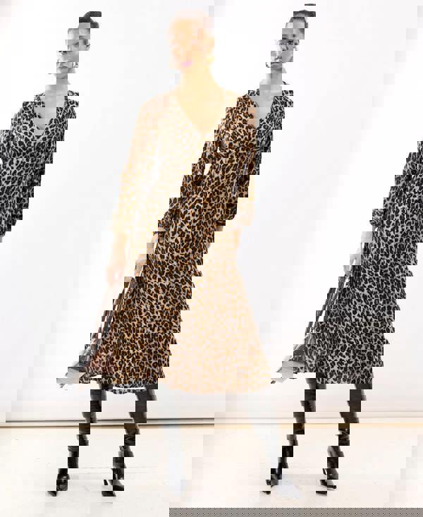 Brown Animal Printed Long Sleeve Midi Dress