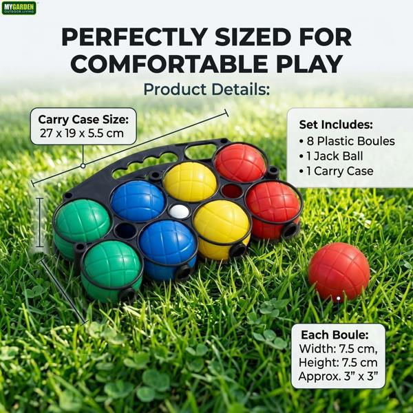 My Garden Outdoor Living French Boules Set 8x Plastic Bocce Balls, 1x Jack & 1x Carry Case - Water Filled Petanque Boules Set for Garden Game, Beach