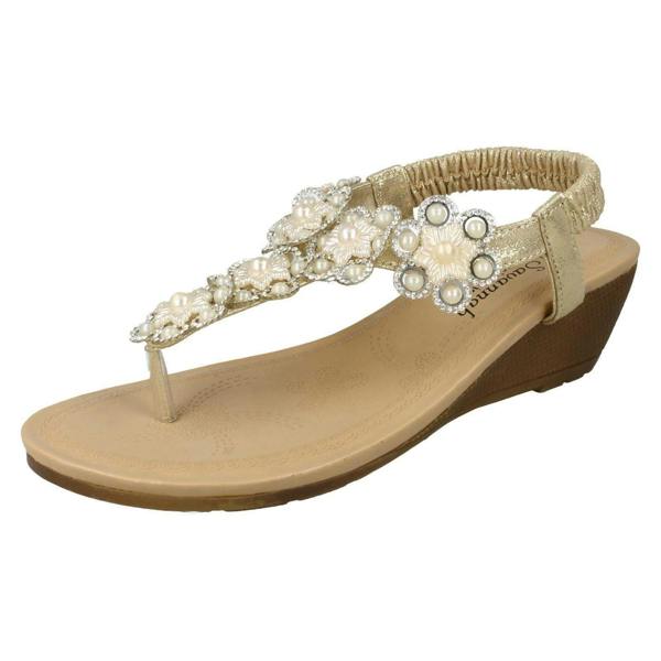Savannah Ladies Savannah Mid Wedge Toepost Flower Trim Sandals