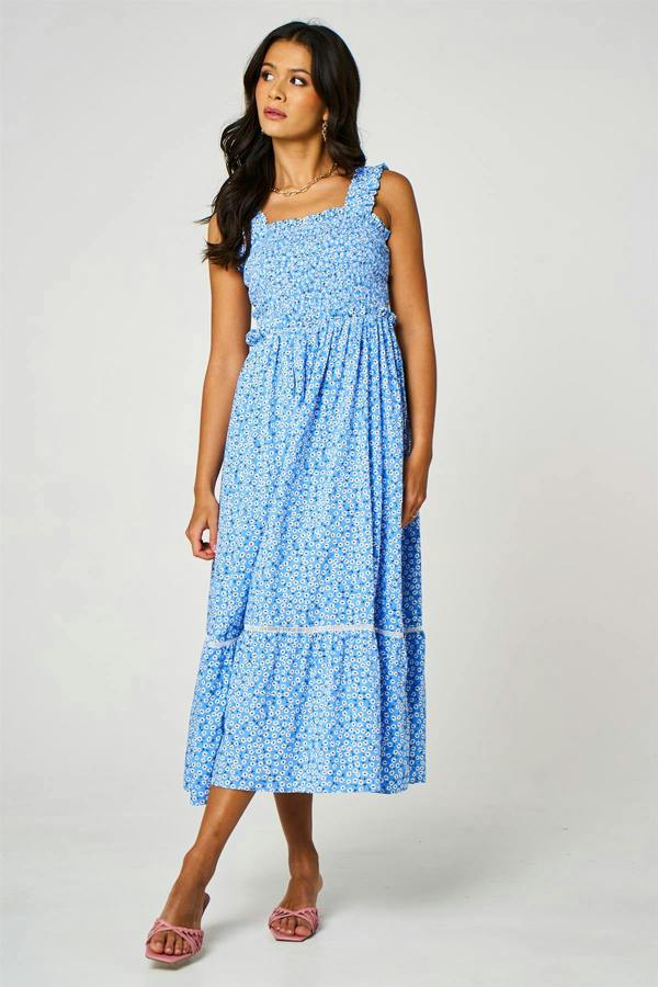 FS Collection Little Floral Print Hem Detail Maxi Dress In Blue