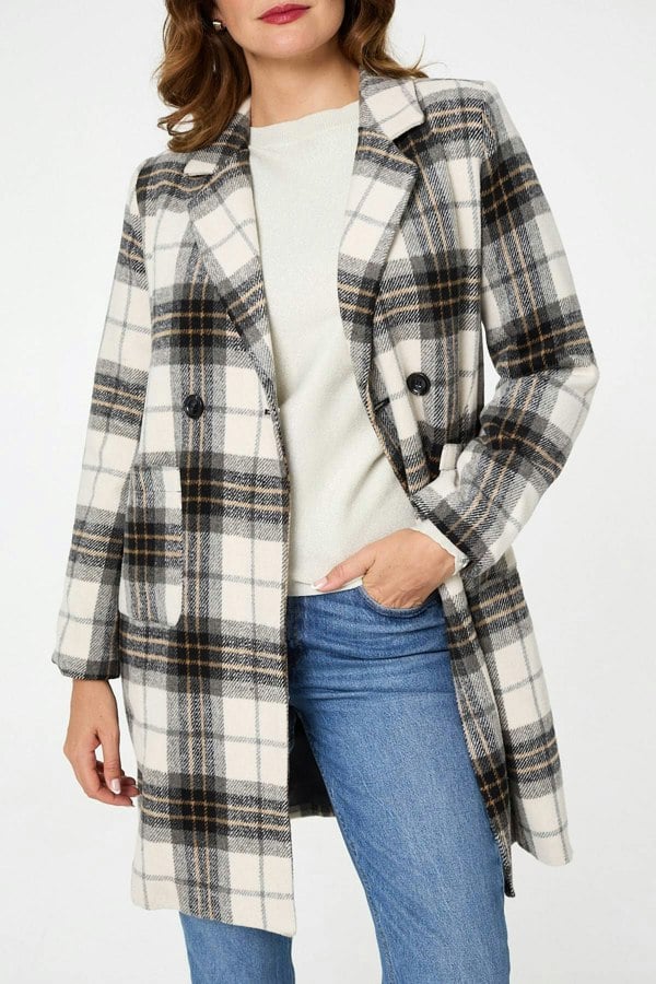 Beige | Checked Double Breasted Longline Coat

