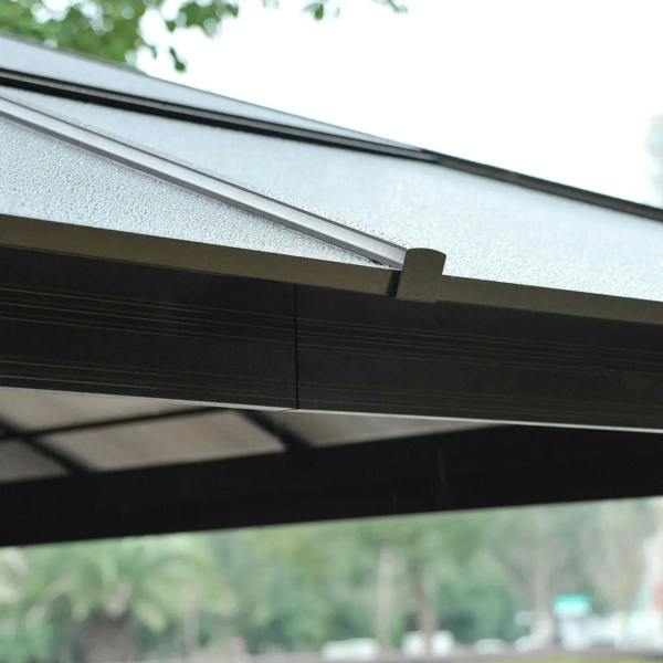 Hardtop gazebo roof edge close-up with black trim and textured polycarbonate panel