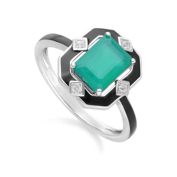 Gemondo Grand Deco Black Enamel, Green Chalcedony & Topaz Ring in Sterling Silver