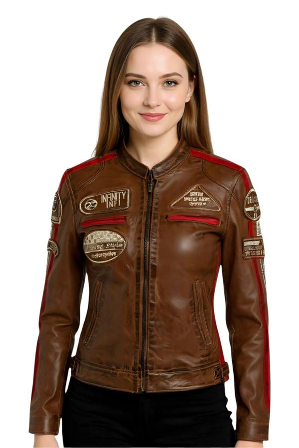 Infinity Leather Womens Leather Biker Racing Badges Jacket-Agadir