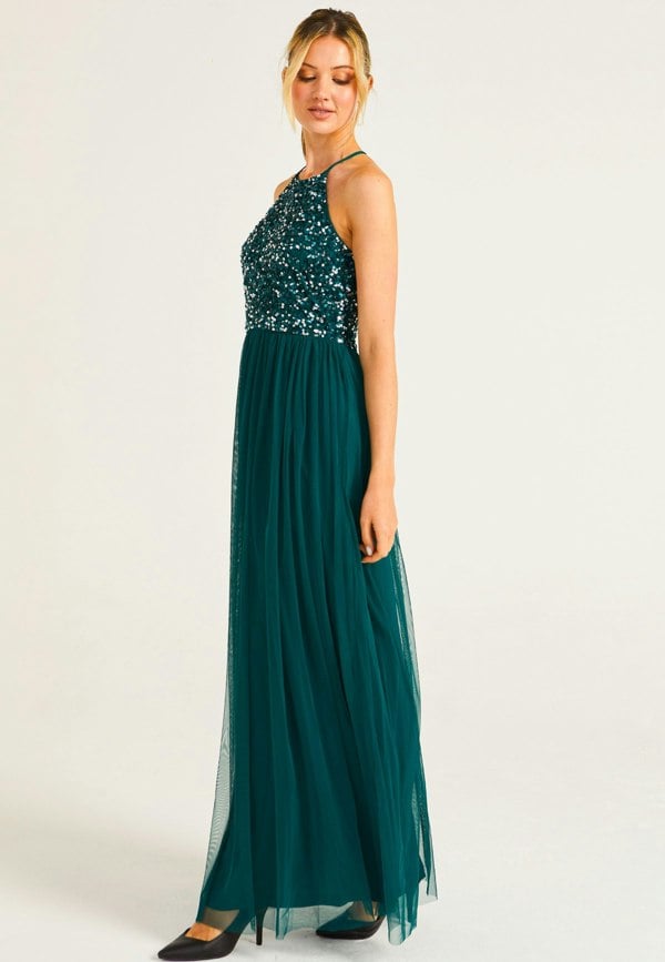 Embellished Halter Neck Maxi Dress in Emerald Green - ANGELEYE