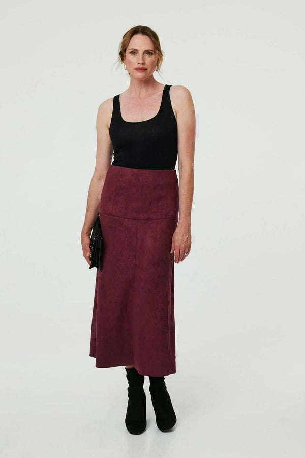 Red | Faux Suede A-Line High Waist Midi Skirt
