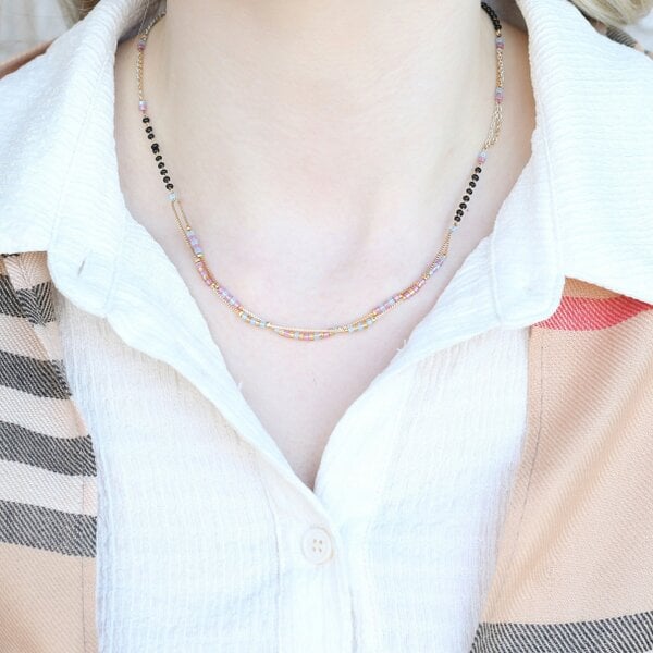 The Colourful Aura Two Layer Gold Pink Grey Seed Bead Indian Traditional Mangalsutra Necklace