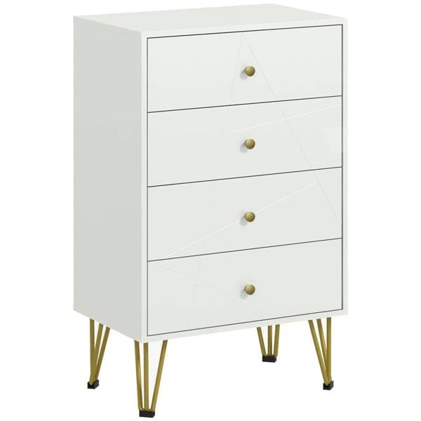 White 4-drawer tall dresser with gold knobs and hairpin legs, modern storage cabinet.