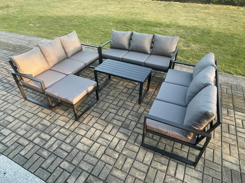Fimous Aluminium 10 Seater Outdoor Garden Furniture Set Lounge Sofa Oblong Coffee Table Big Footstool Sets with Cushions Dark Grey