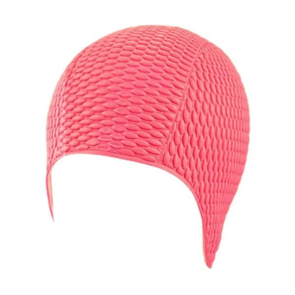 Vibrant neon pink BECO latex bubble cap with textured pattern and ear flaps