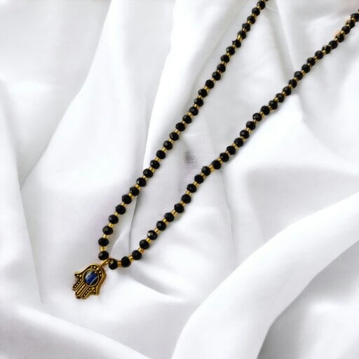 The Colourful Aura Black Crystal Gold Beaded Hamsa Mangalsutra Pendant Elegant Necklace