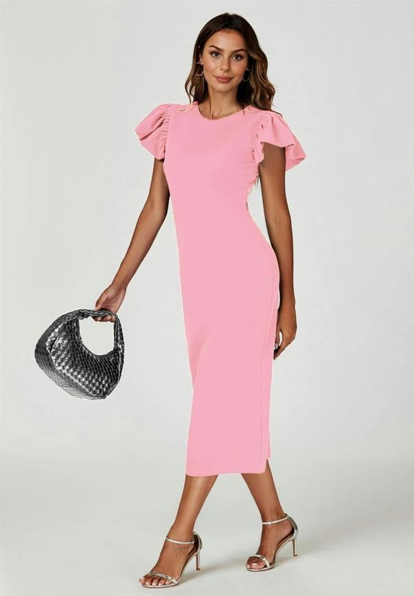 FS Collection Volume Sleeve Bodycon Midi Dress In Pink