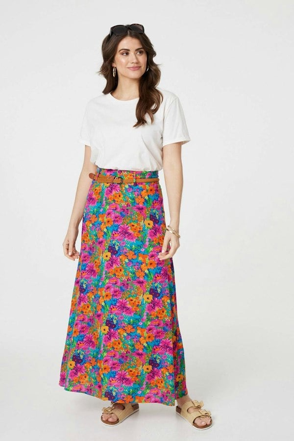 Pink | Floral Print Belted A-Line Maxi Skirt