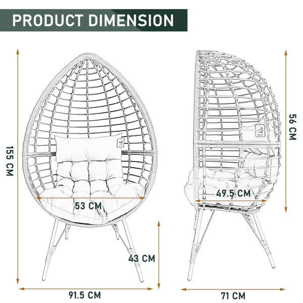 Furniture One Rattan Standing Egg Chair, Patio Weave Cocoon Seat with Removable Water-Resistant Cushions, Metal Waterproof Frame Stand