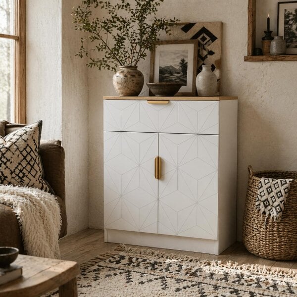 Wyld Haus Rilosa White Geometric Modern Sideboard Natural Top With Storage Drawer and 2 Doors