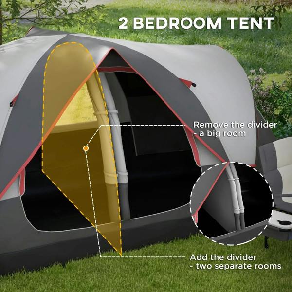 Grey 2-bedroom camping tent with internal divider creating two sections and doors