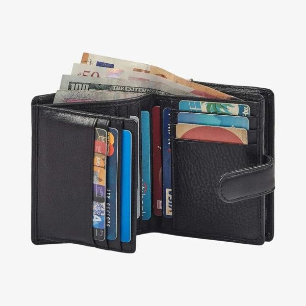 Real leather women's trifold purse with 13 card slots in black