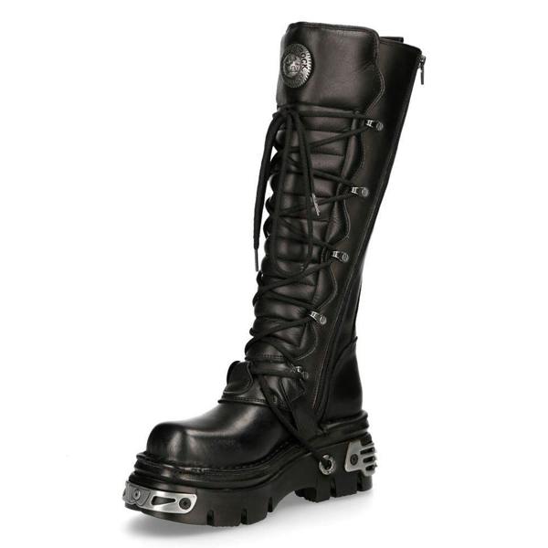 New Rock Knee High Black Leather Gothic Boots-272-S1