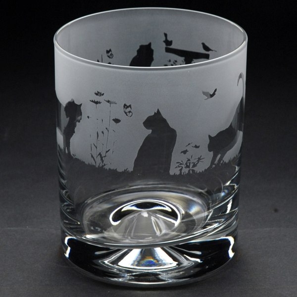 Glyptic Glass Art Cats Whiskey Tumbler Glass - Hand Etched / Engraved Gift