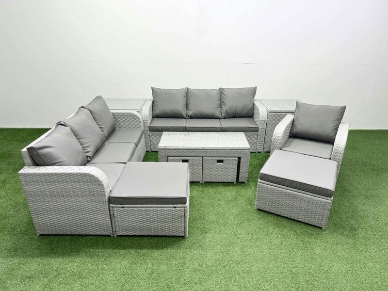 Fimous Outdoor Garden Furniture Set PE Rattan 3 Seater Sofa Reclining Chair Set with Oblong Coffee Table 4 Footstools 2 Side Tables Light Grey