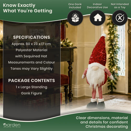 Large Red Glam Christmas Gonk Figure, 80cm Tall Standing Decoration with Sparkly Sequined Hat, Polyester Indoor Ornament