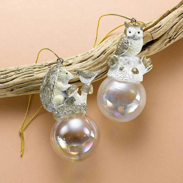 Pia Christmas Bauble Set of 2, Owl & Hedgehog Glass Ornaments with Gold