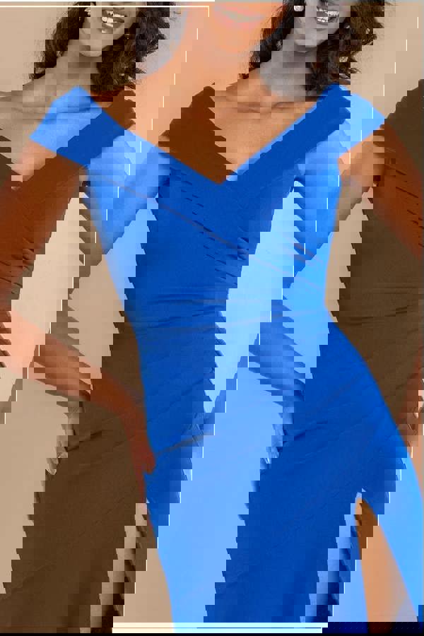 Scuba Crepe Off Shoulder Front Split Maxi Dress  - Royal Blue DR2930SC